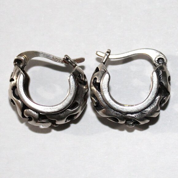 Sterling Silver Huggie Open Work Small Hoop Earrings - Picture 3 of 6